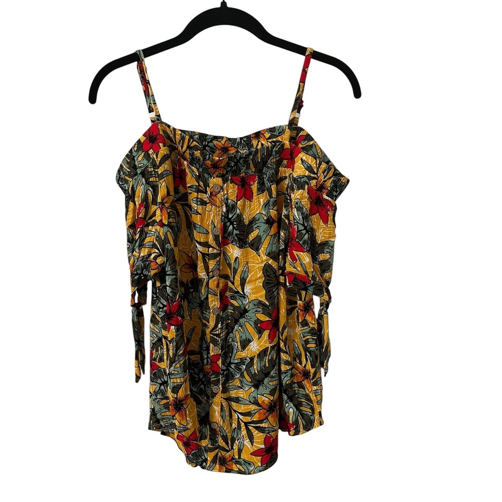 Tropical Hawaiian Print Cold Shoulder Yellow Cami Top Large